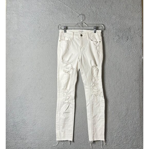 Frame Denim‎ Womens 27 White Le Skinny De Jeanne Distressed Skinny Jeans - Picture 1 of 12